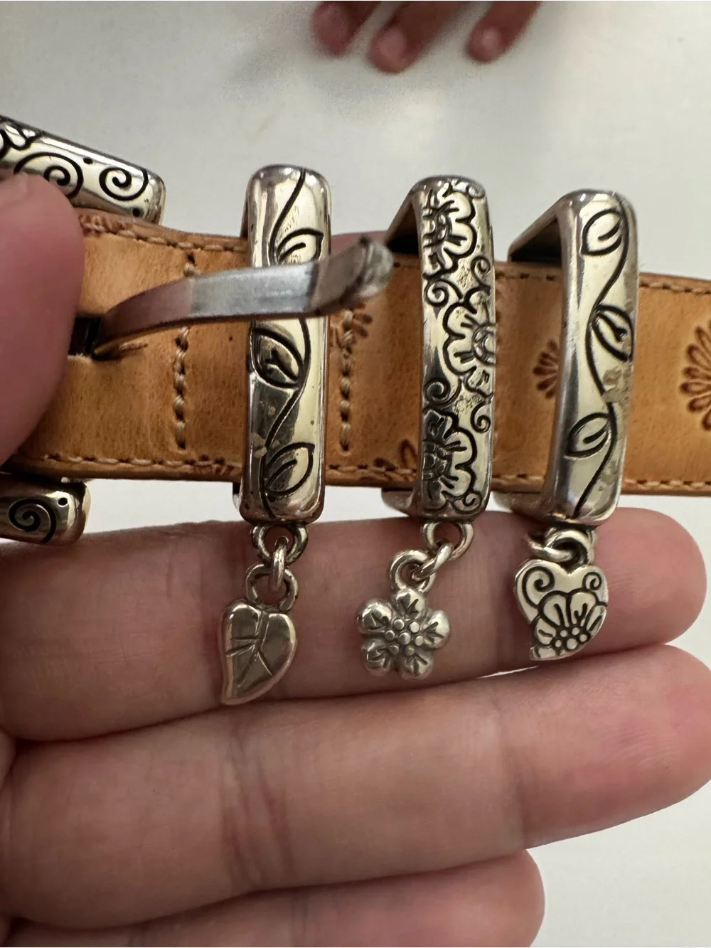 Brighton  Tan Floral Leather Charm Belt with Silver Floral Buckle size M 30